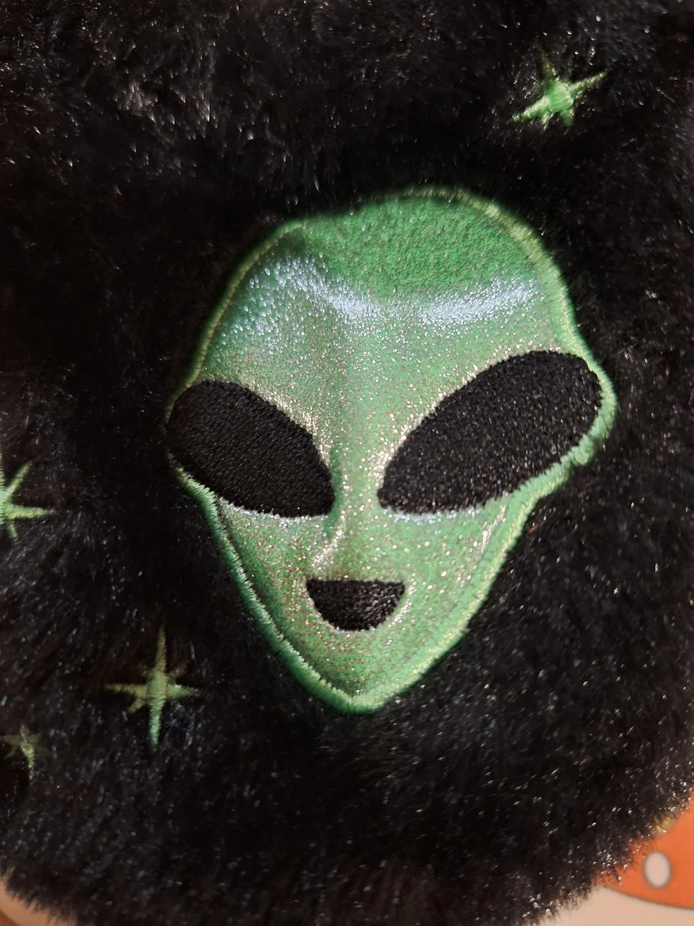 Kids Black Plush Slippers with Green Alien Design